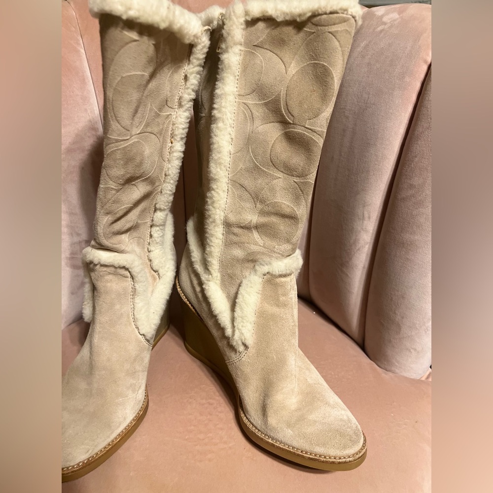 Coach Beige Heeled Boots with Shearling Trim - Picture 8 of 13